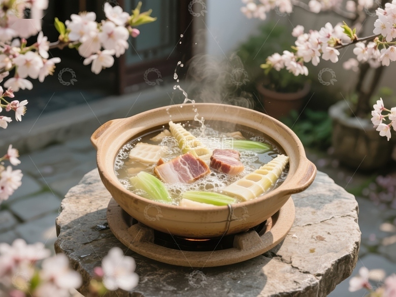 春日庭院中的热气腾腾砂锅