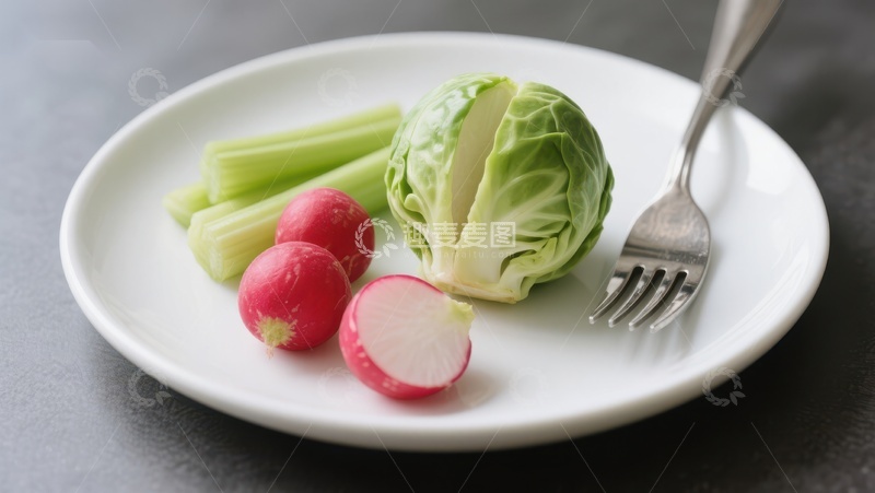 高清大图下载【趣麦麦图】新鲜蔬菜摆盘，含卷心菜、芹菜和樱桃萝卜