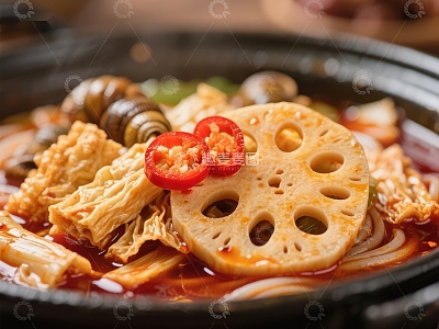 热辣火锅，莲藕与菌菇的美味组合