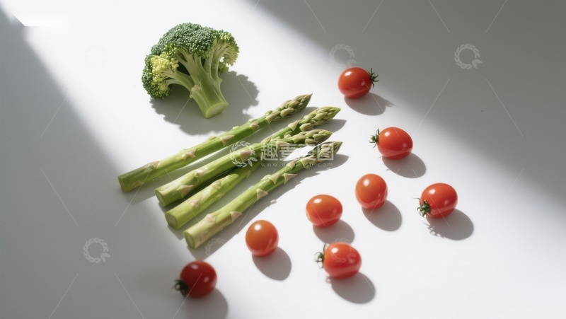 高清大图下载【趣麦麦图】新鲜蔬菜组合：西兰花、芦笋与樱桃番茄