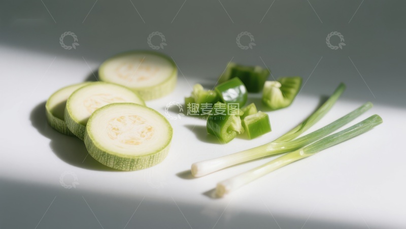 高清大图下载【趣麦麦图】新鲜蔬菜切片：西葫芦、青椒与葱
