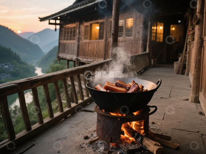 高清大图下载【趣麦麦图】山间古屋前的篝火烧烤