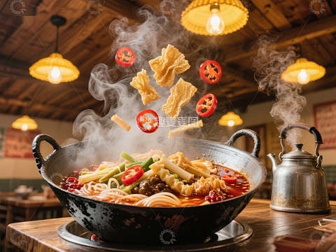 热气腾腾的麻辣火锅与飞舞食材