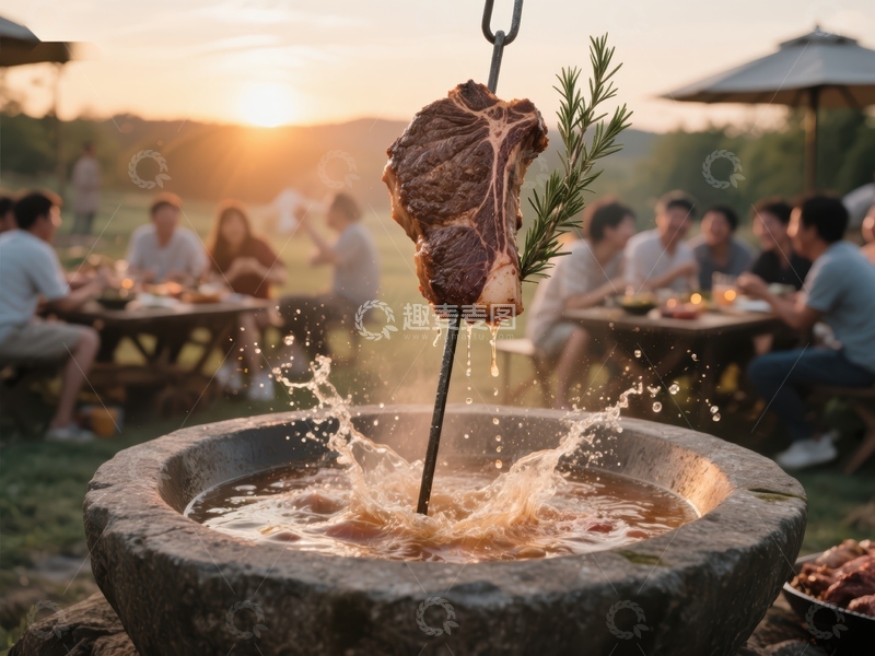 高清大图下载【趣麦麦图】户外烧烤：肉块浸入热汤