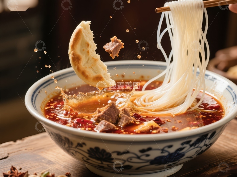 高清大图下载【趣麦麦图】热辣牛肉面与饼的美味瞬间
