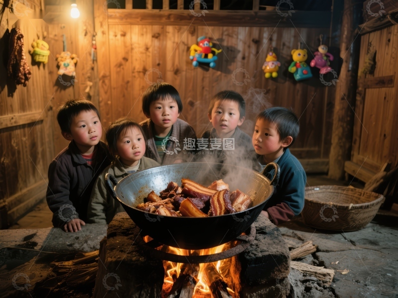 孩子们围炉烤肉，温馨场景