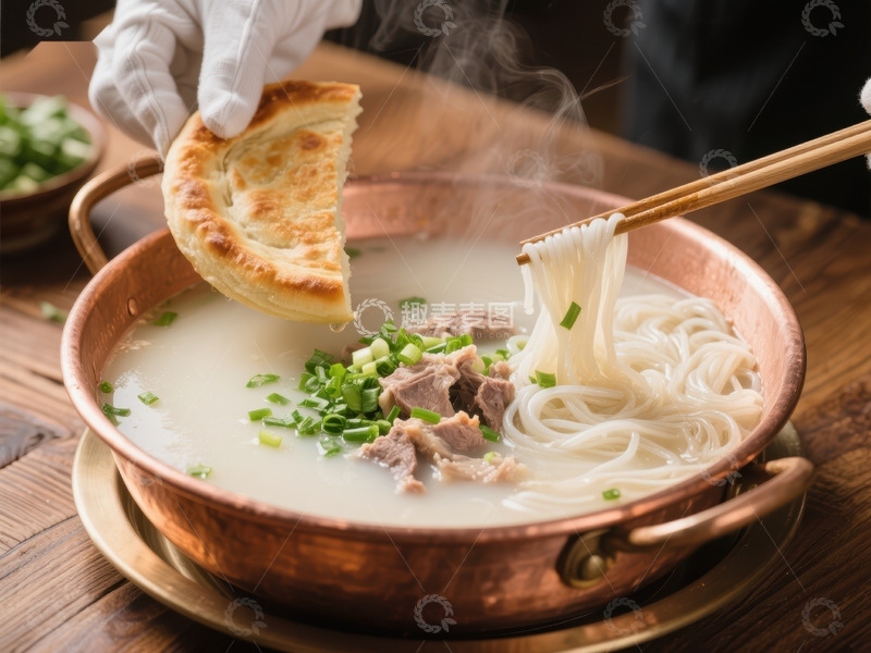 高清大图下载【趣麦麦图】热气腾腾的面条配饼，美味诱人