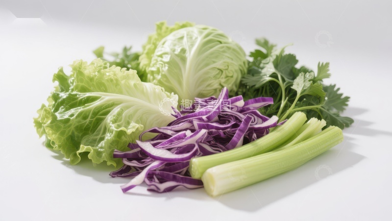 高清大图下载【趣麦麦图】新鲜蔬菜组合：生菜、紫甘蓝与芹菜