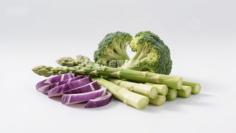 高清大图下载【趣麦麦图】新鲜蔬菜组合：西兰花、芦笋与红洋葱