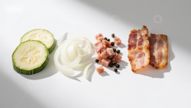 高清大图下载【趣麦麦图】新鲜食材：黄瓜、洋葱、培根与黑胡椒