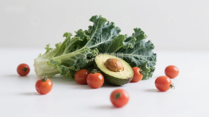 高清大图下载【趣麦麦图】新鲜蔬菜组合：羽衣甘蓝、樱桃番茄与牛油果