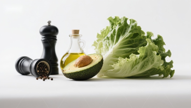 高清大图下载【趣麦麦图】新鲜食材：牛油果、生菜与调味品