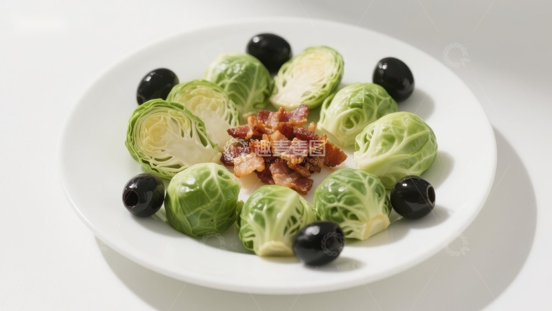 高清大图下载【趣麦麦图】烤培根点缀的抱子甘蓝配黑橄榄