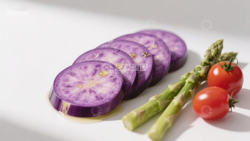 高清大图下载【趣麦麦图】紫色蔬菜切片与樱桃番茄、芦笋的组合