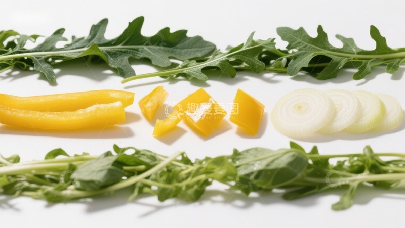 高清大图下载【趣麦麦图】新鲜蔬菜排列：芝麻菜、黄椒和洋葱