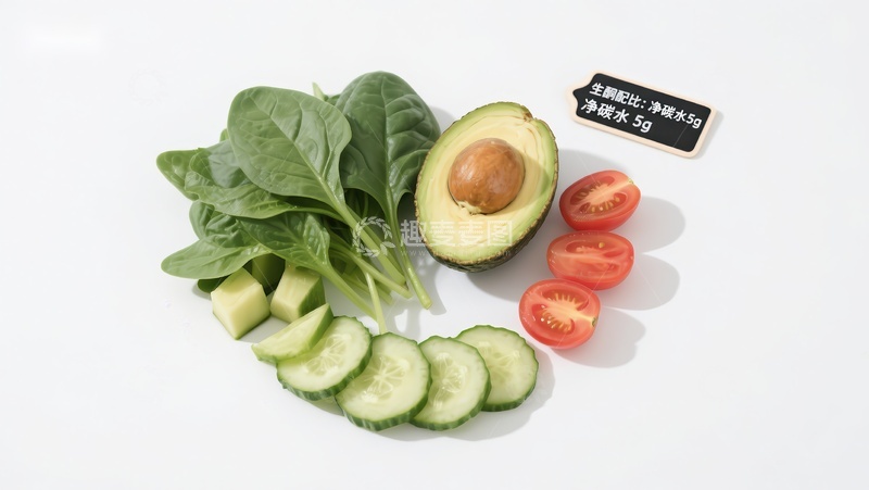 高清大图下载【趣麦麦图】新鲜蔬菜组合：菠菜、牛油果、黄瓜与番茄