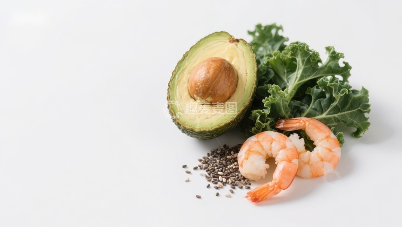 高清大图下载【趣麦麦图】牛油果、羽衣甘蓝、虾仁与奇亚籽的组合