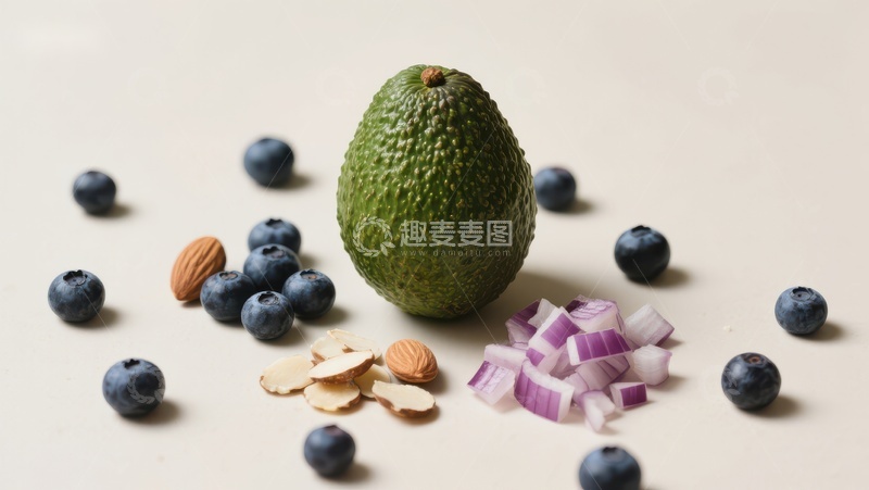 高清大图下载【趣麦麦图】牛油果、蓝莓、洋葱与杏仁的健康组合