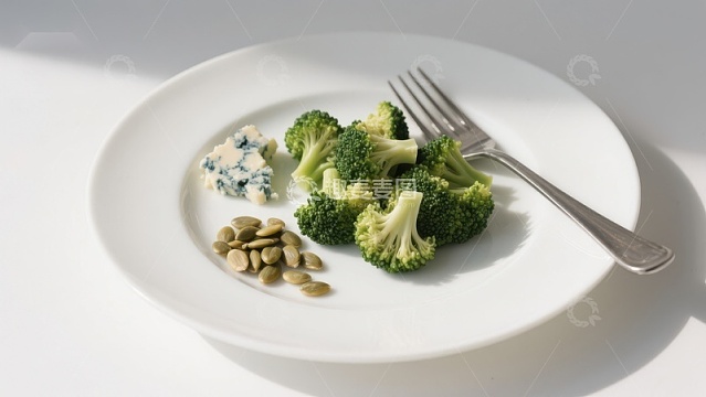 白盘上的西兰花、蓝纹奶酪与南瓜籽