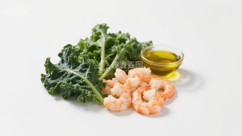 高清大图下载【趣麦麦图】新鲜虾仁、羽衣甘蓝与橄榄油