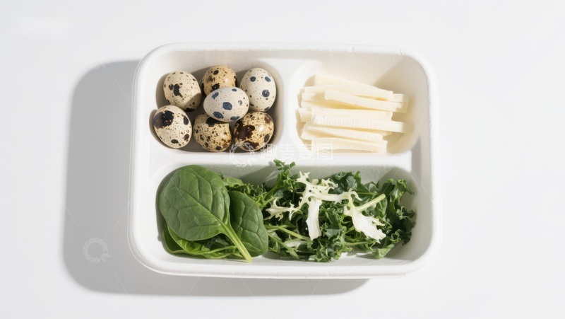 高清大图下载【趣麦麦图】健康餐盒：鹌鹑蛋、奶酪与绿叶蔬菜