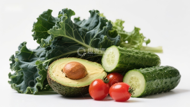高清大图下载【趣麦麦图】新鲜蔬菜组合：牛油果、黄瓜和樱桃番茄