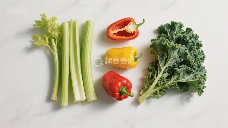高清大图下载【趣麦麦图】新鲜蔬菜：芹菜、彩椒与羽衣甘蓝