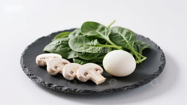 新鲜蘑菇与菠菜摆盘