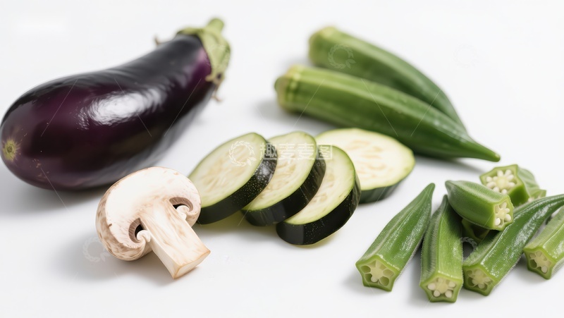 高清大图下载【趣麦麦图】新鲜蔬菜展示：茄子、蘑菇、黄瓜和秋葵