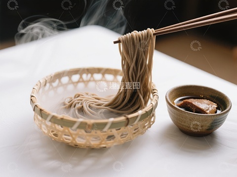 热气腾腾的荞麦面与蘸料