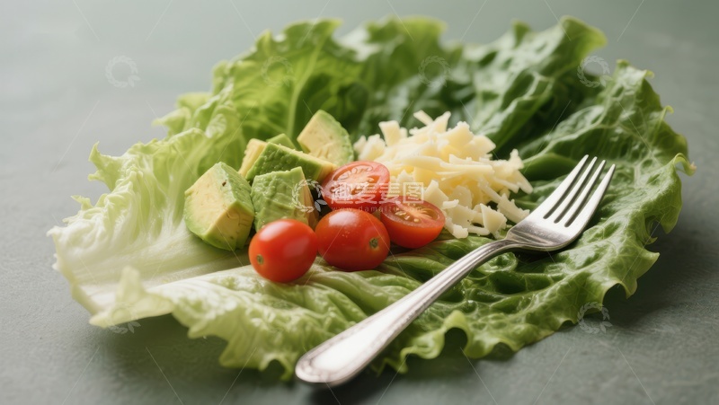 高清大图下载【趣麦麦图】生菜上的健康沙拉配樱桃番茄和奶酪