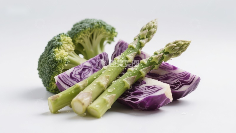 高清大图下载【趣麦麦图】新鲜蔬菜组合：西兰花、芦笋与紫甘蓝