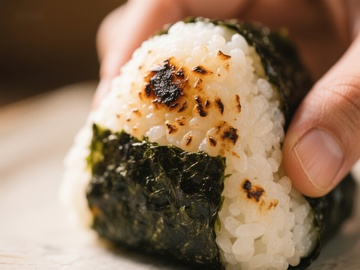 手握烤海苔饭团特写