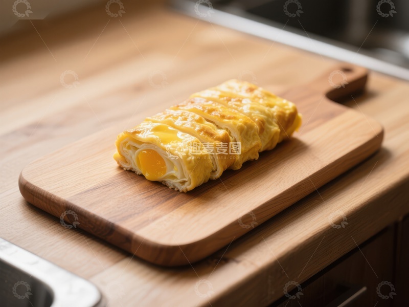 高清大图下载【趣麦麦图】切片蛋卷置于木质砧板上