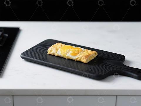 煎蛋吐司置于黑色砧板上