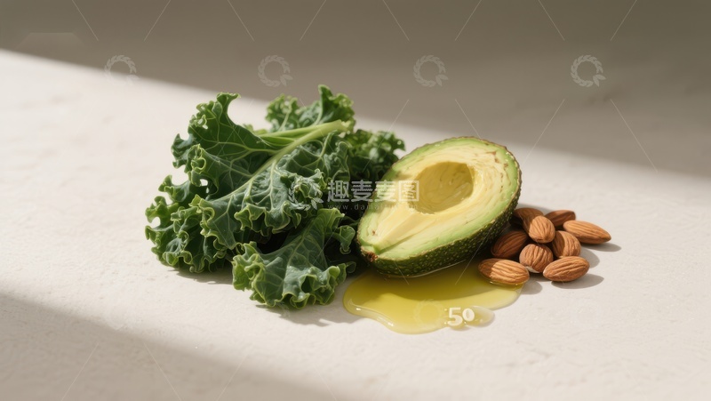 高清大图下载【趣麦麦图】新鲜牛油果、羽衣甘蓝与杏仁的健康组合