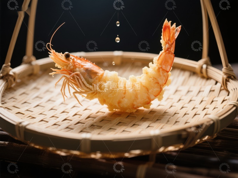 高清大图下载【趣麦麦图】竹篮上的炸虾特写