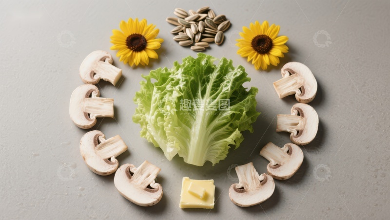 高清大图下载【趣麦麦图】蘑菇、生菜与向日葵的创意排列