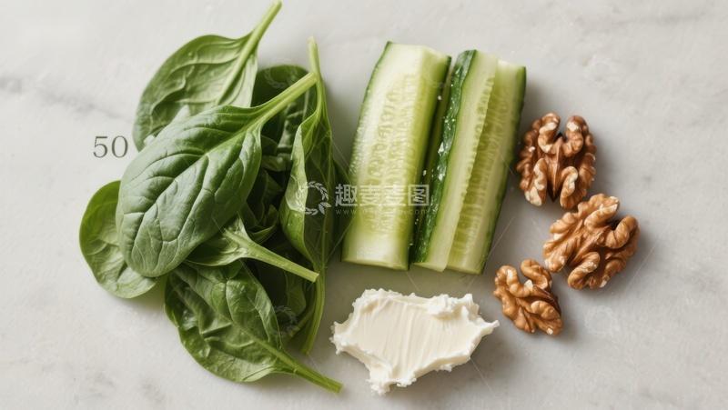 高清大图下载【趣麦麦图】新鲜食材：菠菜、黄瓜、核桃与奶油