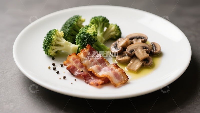 高清大图下载【趣麦麦图】盘中西兰花、蘑菇与培根的美味组合