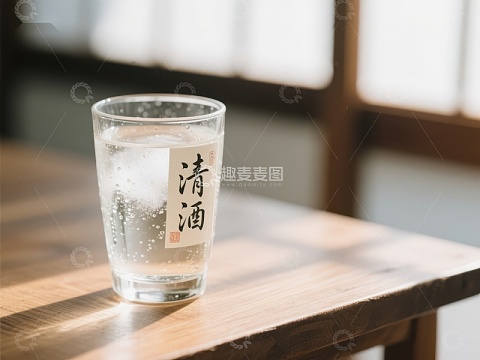 清酒杯置于木质桌面上