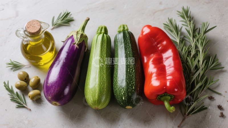 高清大图下载【趣麦麦图】新鲜蔬菜与橄榄油的静物组合