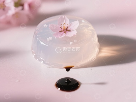 樱花点缀的透明果冻与酱油