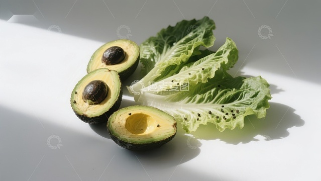 新鲜牛油果与生菜的静物组合