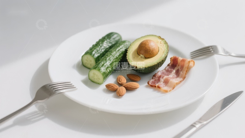 高清大图下载【趣麦麦图】健康早餐：牛油果、黄瓜、坚果与培根