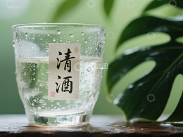 清酒杯与绿叶的静谧组合