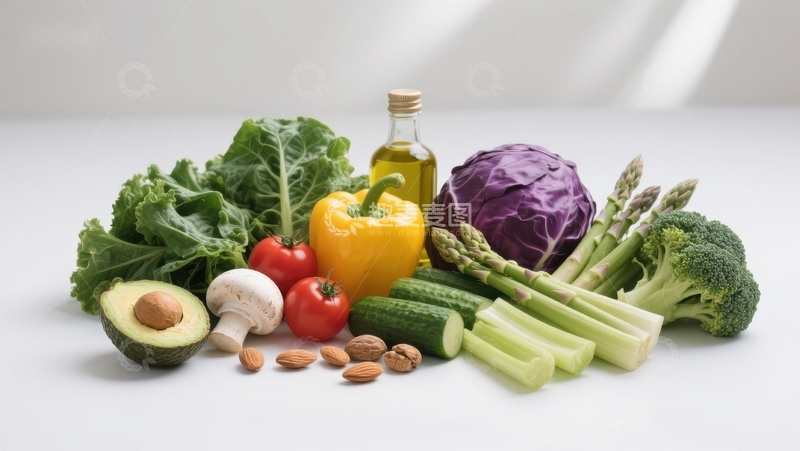 高清大图下载【趣麦麦图】新鲜蔬菜与橄榄油的健康组合