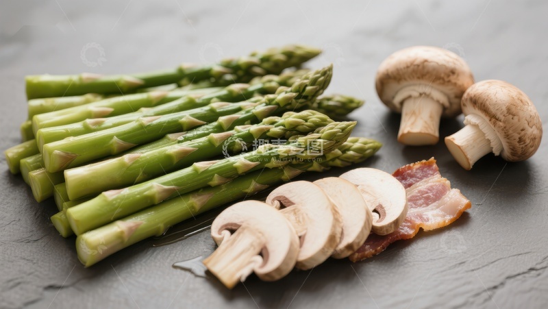 高清大图下载【趣麦麦图】新鲜芦笋、蘑菇与培根的组合