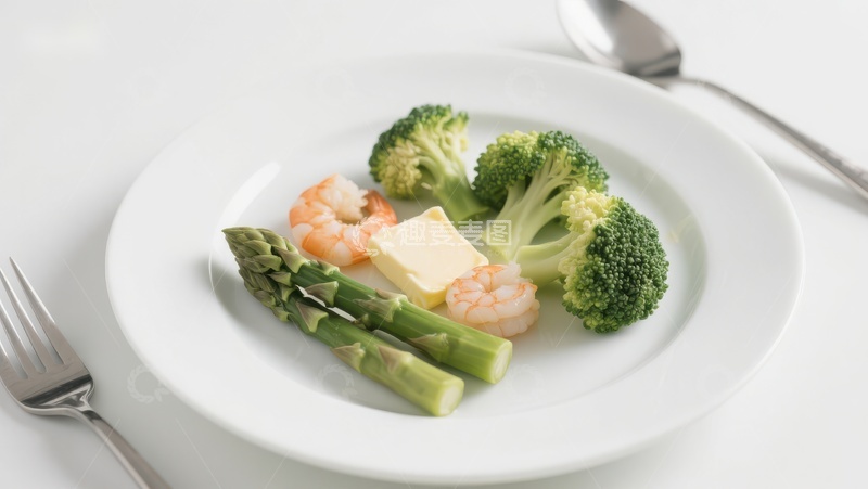 高清大图下载【趣麦麦图】盘中蔬菜与虾仁的健康搭配