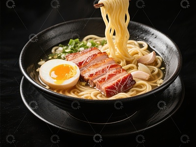 美味拉面配叉烧和半熟蛋